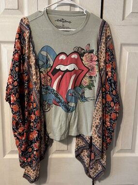 Rolling Stones Upcycled Graphic T-Shirt with Flowy Floral Sleeves - OSFM